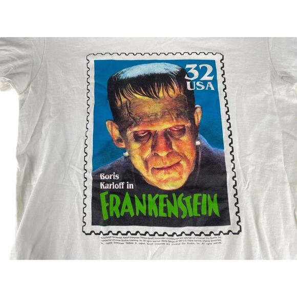 Vintage 90s Boris Karloff Frankenstein USA Monster Stamp T Shirt L/XL Youth - Picture 7 of 7
